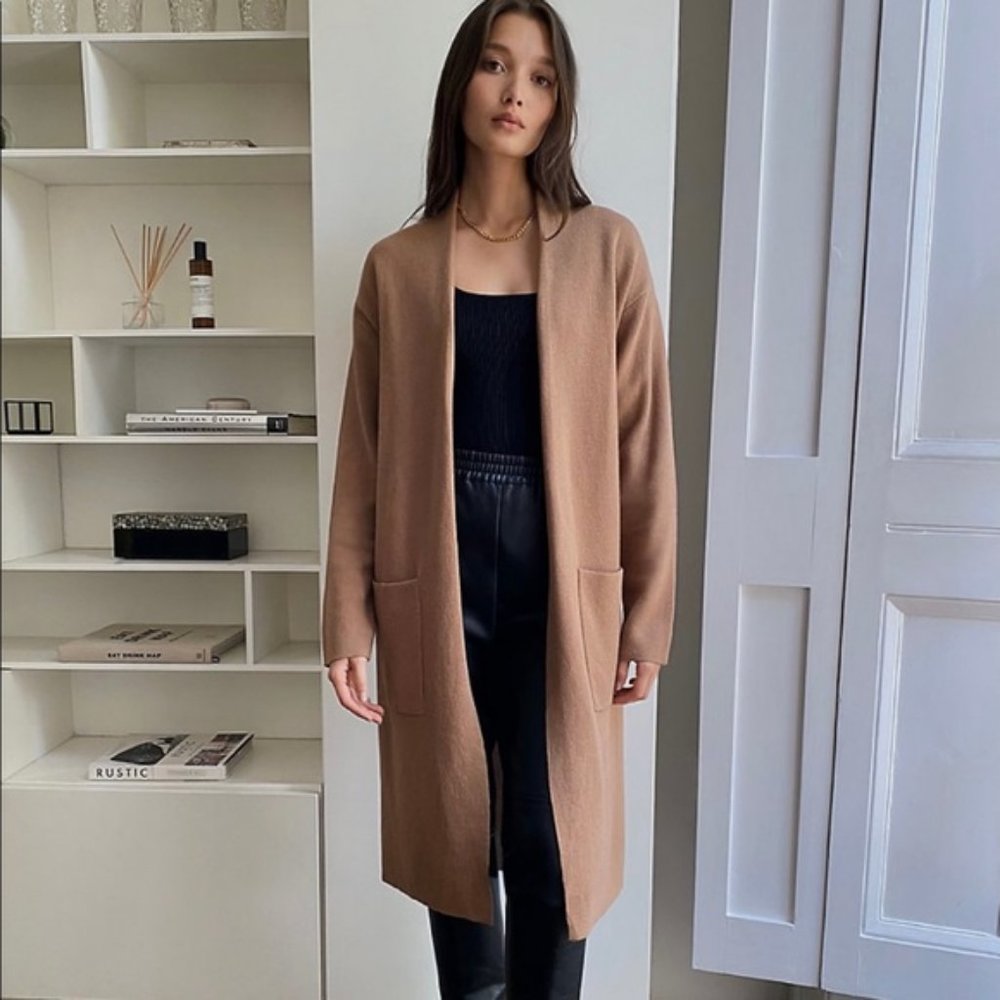 Aritzia Long Open-Front Cardigan in Camel Brown